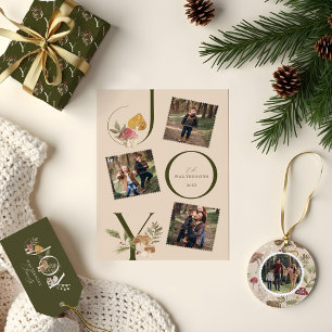 Joy Peace Love Watercolor Woodsy Mushrooms Photo Holiday Card