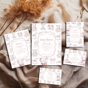 Pink Toys Toile De Jouy Baby Shower Books for Baby Enclosure Card