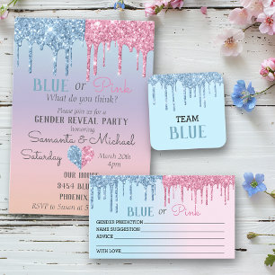 Pink Blue Glitter Drips Sparkle Glam Gender Reveal Invitation