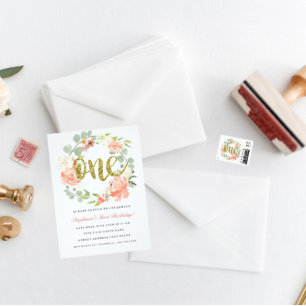 4th Birthday Pink Gold Floral Wreath Invitation