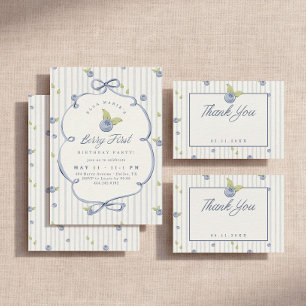 Berry First Sweet Blueberry Stripe 1st Birthday Invitation