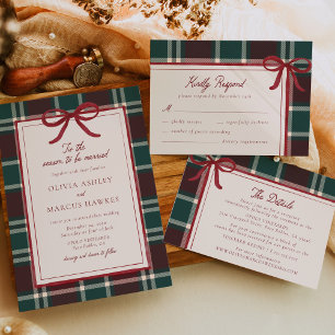 Burgundy Green Plaid Christmas Bow Wedding Invitation
