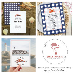 Weathered Blue Gingham Lobster Wedding Invitation