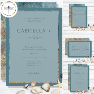 Modern Beach Abstract Teal & Gold Wedding Invitation