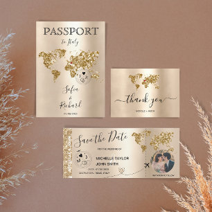 Destination Wedding Passport Gold World Map Blue I Invitation