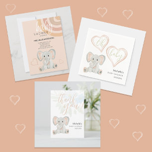 Cute Blush Elephant Watercolor Illustration Invitation