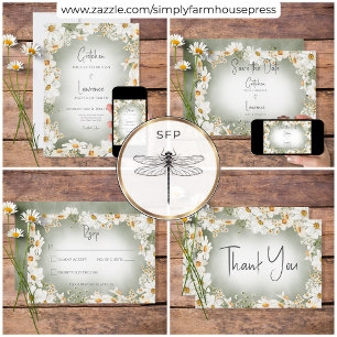 Modern Rustic Daisy Frame Green Invitation