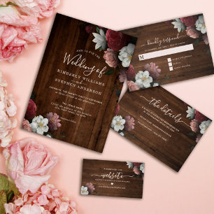 Rustic Wood Burgundy Blush Floral Formal Wedding Invitation