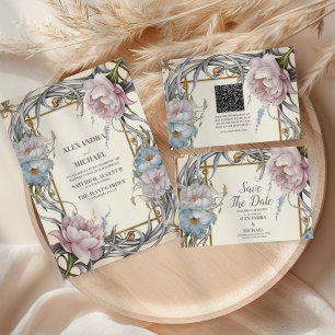 Photo Vintage Art Nouveau Floral Purple Wedding Thank You Card