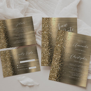 Gold Brushed Metal Glitter Script Wedding Invitation