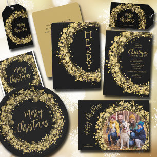 Gold Wreath on Black Merry Christmas Holiday Card