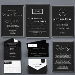 Modern Black And White Monogram Elegant Wedding All In One Invitation