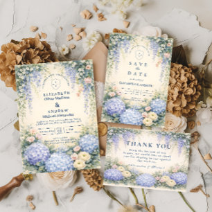 Blue Hydrangea And Ivory Rose Wedding Invitation