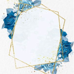 Cyan Blue Florals Gold Geometric Wedding  Invitation