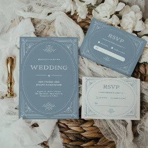 Modern Deco   Elegant White and Dusty Blue Wedding RSVP Card