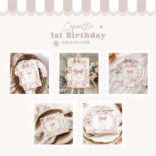  Bow Floral Fancy ONE Girl 1st Birthday  Invitation