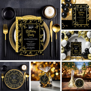 Elegant Black Gold Butterflies 80th Birthday Party Invitation