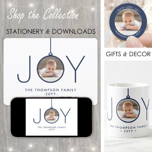 2 Photo Modern Minimalist Navy Blue White Joy Holiday Card