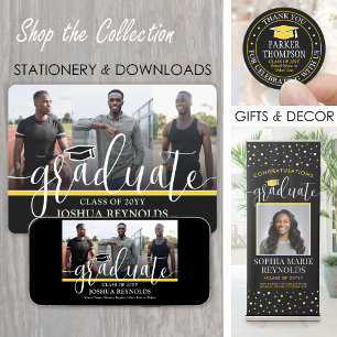 Modern Script Black and Gold 4 Photo Graduation Announcement