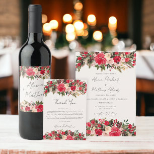 Rustic Red green Floral Winter Wedding Thank You Card
