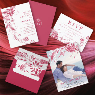 Viva magenta and white line art flowers wedding  all in one invitation