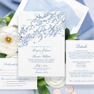 Portland Maine Elegant Navy QR Budget Wedding All In One Invitation
