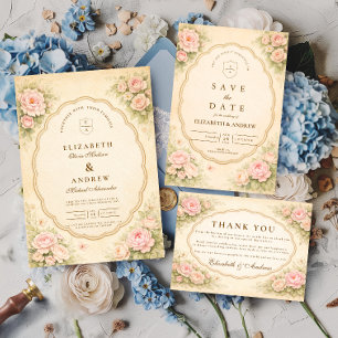 Vintage Blush Rose Garden Wedding Thank You Card