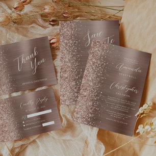Rose Gold Brushed Metal Glitter Script Wedding RSVP Card