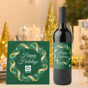 Custom Business Logo Green Christmas Wreath Wine Label