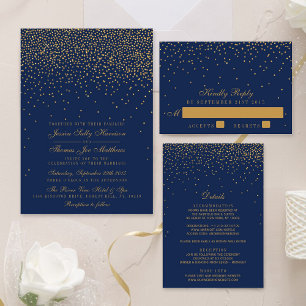 Navy Blue & Glam Gold Confetti Wedding All In One Invitation