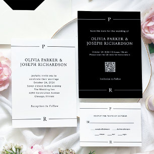 Modern Lines and Monogram Black and White Wedding RSVP Card