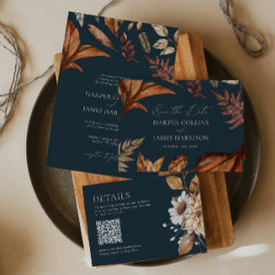 Modern Navy Terracotta Flowers Boho Fall Wedding Invitation