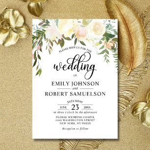 Watercolor Floral Pink Mint Ivory Gold Wedding Invitation