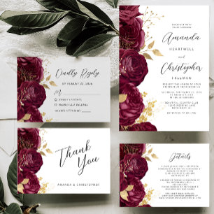 Burgundy Gold Floral Modern Script Wedding RSVP Card