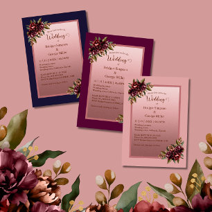 Navy Blue Rose Gold Script Burgundy floral wedding RSVP Card