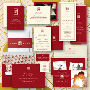 Rectangle Double Happiness Simple Chinese Wedding Invitation