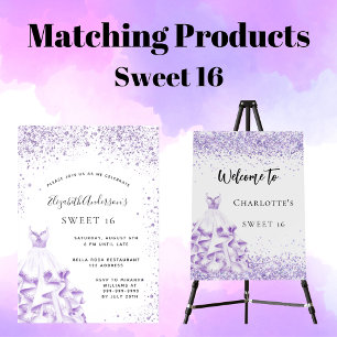 Sweet 16 violet white dress glitter  invitation