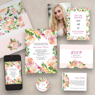 Floral Chic Pink and Gold Flowers RSVP Card