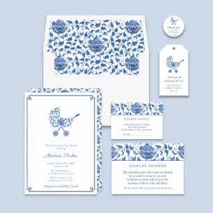 Blue And White Pram Chinoiserie Chic Baby Shower Invitation