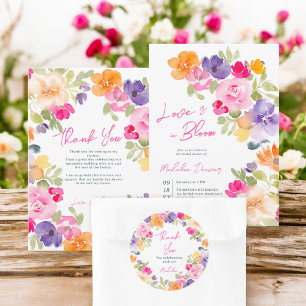 Boho pink orange summer floral bridal shower thank you card