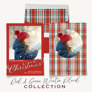Merry Christmas Calligraphy Red Green Plaid Photo Ceramic Tree Decoration