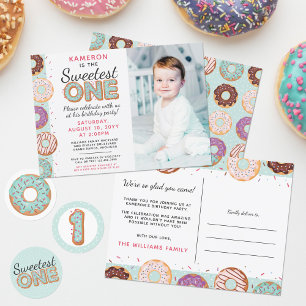 THANK YOU Card Blue Iced Doughnuts Birthday Party