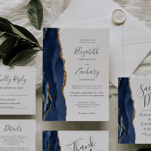Modern Navy Blue Gold Agate Wedding RSVP Card