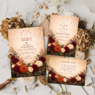 Fall Floral Romance Wedding Thank You Card