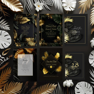 Elegant Black & Gold Tropical Leaf Wedding Table Number