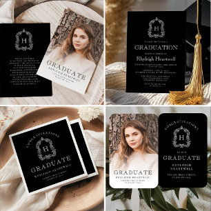 Monogram Black White Photo Graduation Announcement