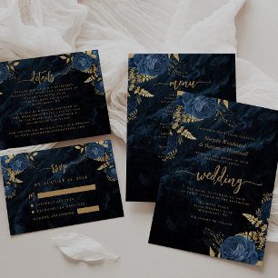Navy Blue Gold Floral Agate Script Wedding RSVP Enclosure Card