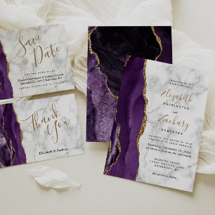 Modern Purple Gold Agate Marble Wedding RSVP Card