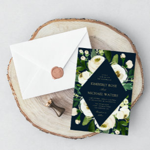 gold script ivory white garden floral navy wedding invitation