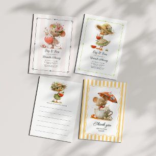 Cottagecore Sip & See Floral Mouse Baby Shower Invitation